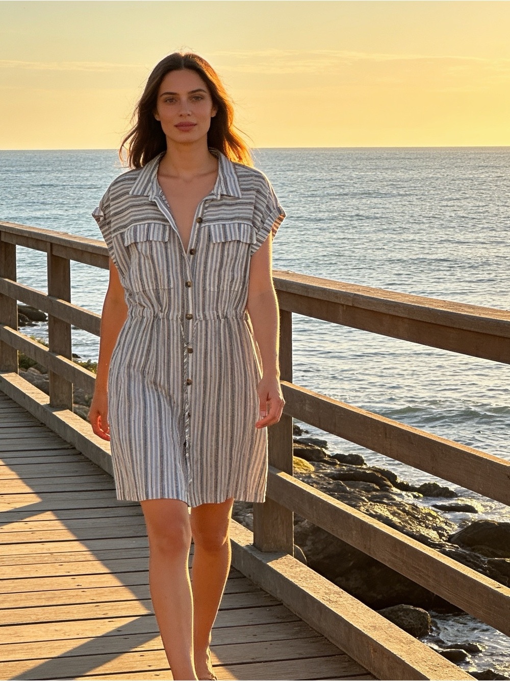 Time and Tru Striped Linen Blend Button-Down Dress XXL